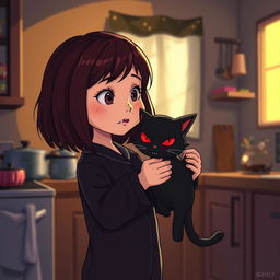 A 10-year-old girl with shoulder-length deep maroon hair, wearing a plain black pajama, lifting a scary-looking black cat doll with red eyes, facing her