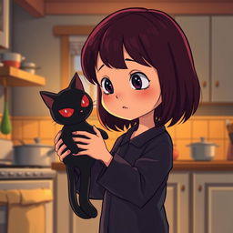 A 10-year-old girl with shoulder-length deep maroon hair, wearing a plain black pajama, lifting a scary-looking black cat doll with red eyes, facing her