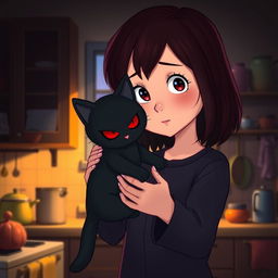A 10-year-old girl with shoulder-length deep maroon hair, wearing a plain black pajama, lifting a scary-looking black cat doll with red eyes, facing her