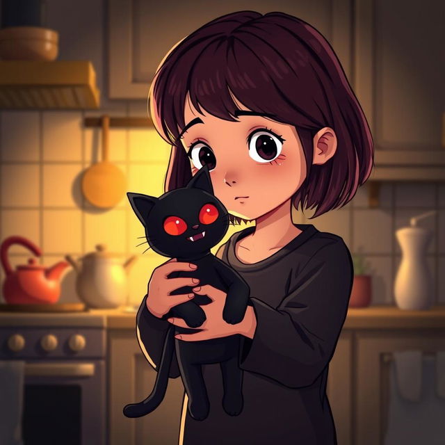 A 10-year-old girl with shoulder-length deep maroon hair, wearing a plain black pajama, lifting a scary-looking black cat doll with red eyes, facing her