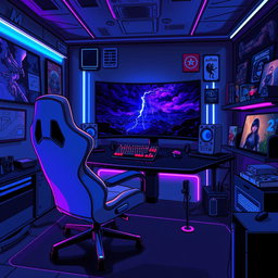 A vibrant and dynamic illustration of a futuristic gaming setup, featuring a sleek gaming chair, a large curved monitor displaying an intense storm-themed video game scene with lightning and dark clouds