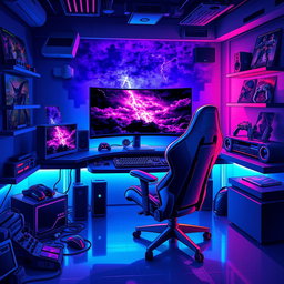 A vibrant and dynamic illustration of a futuristic gaming setup, featuring a sleek gaming chair, a large curved monitor displaying an intense storm-themed video game scene with lightning and dark clouds