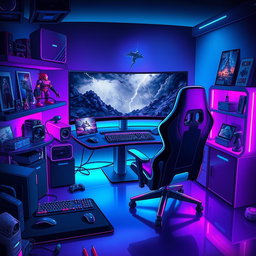 A vibrant and dynamic illustration of a futuristic gaming setup, featuring a sleek gaming chair, a large curved monitor displaying an intense storm-themed video game scene with lightning and dark clouds