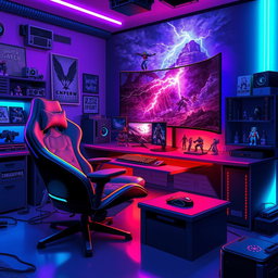 A vibrant and dynamic illustration of a futuristic gaming setup, featuring a sleek gaming chair, a large curved monitor displaying an intense storm-themed video game scene with lightning and dark clouds