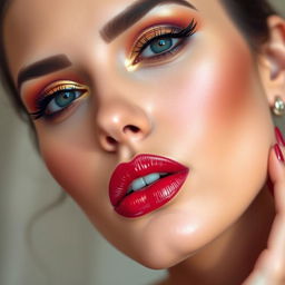 A close-up view of a beautifully detailed makeup application on a model's face