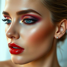 A close-up view of a beautifully detailed makeup application on a model's face
