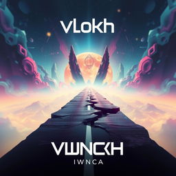 A futuristic album cover design sized 5000x5000 pixels, featuring a broken road leading into an illusory background that evokes feelings of wonder and exploration