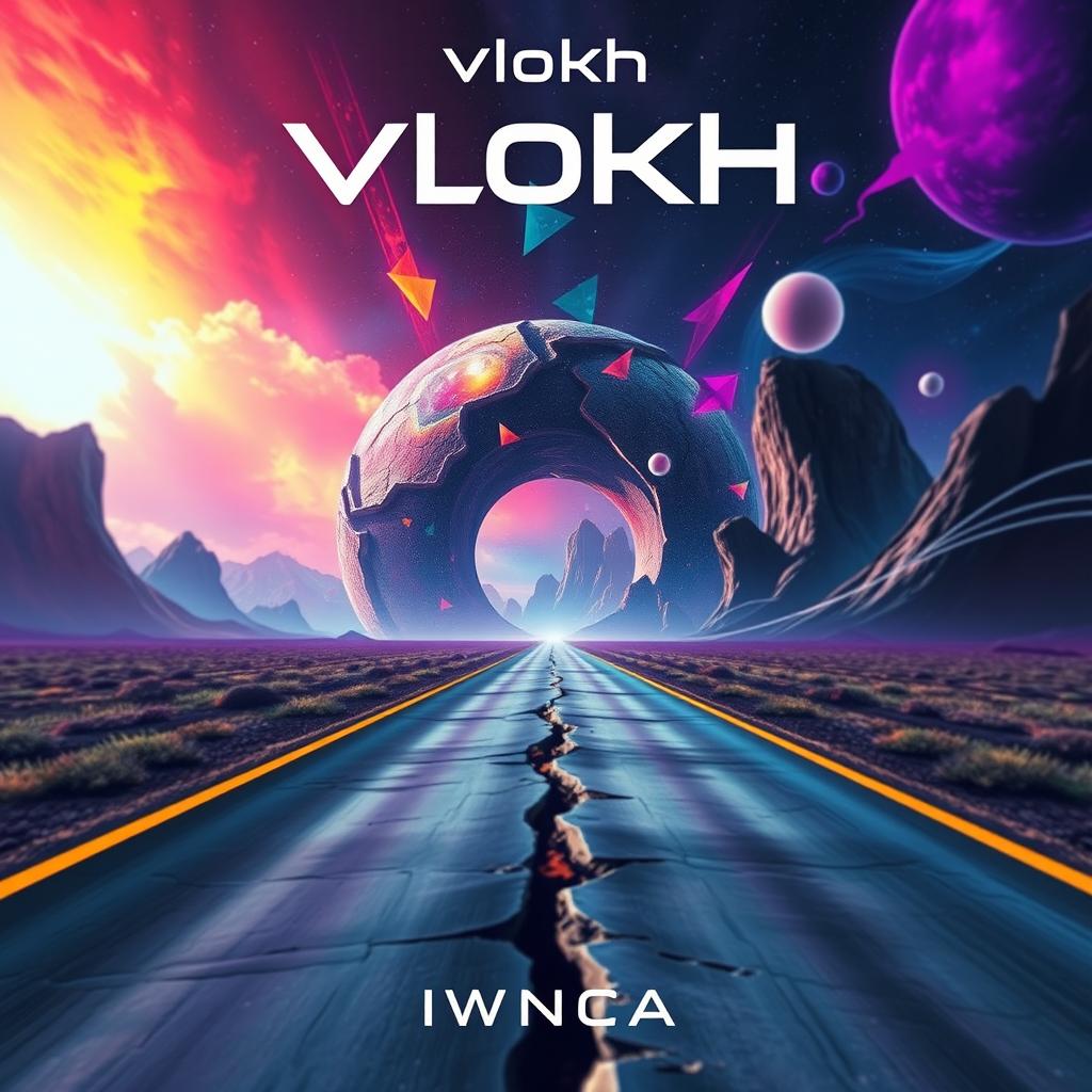 A futuristic album cover design sized 5000x5000 pixels, featuring a broken road leading into an illusory background that evokes feelings of wonder and exploration