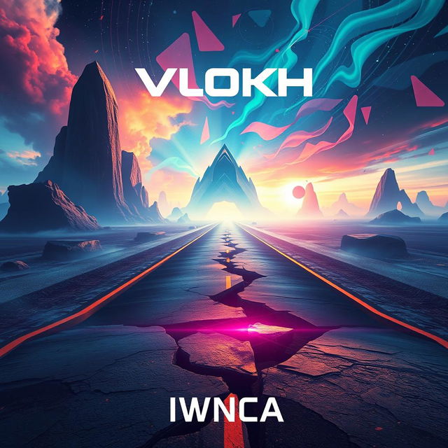 A futuristic album cover design sized 5000x5000 pixels, featuring a broken road leading into an illusory background that evokes feelings of wonder and exploration
