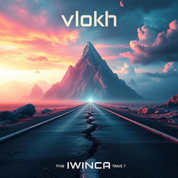 A futuristic album cover design sized 5000x5000 pixels, featuring a broken road leading into an illusory background that evokes feelings of wonder and exploration