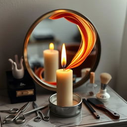 A captivating candle designed to look like it is being styled by a whimsical hair artist