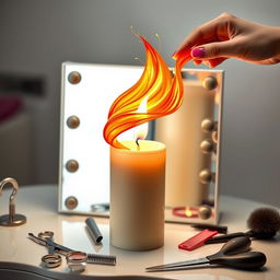 A captivating candle designed to look like it is being styled by a whimsical hair artist