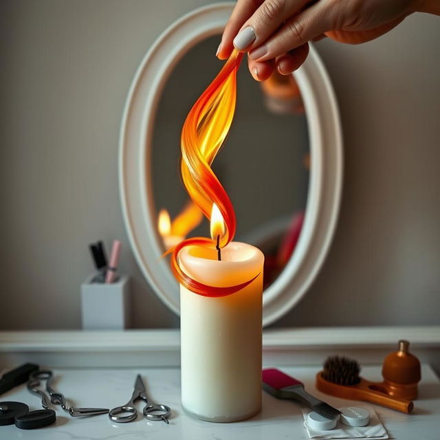 A captivating candle designed to look like it is being styled by a whimsical hair artist