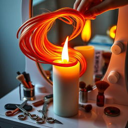 A captivating candle designed to look like it is being styled by a whimsical hair artist