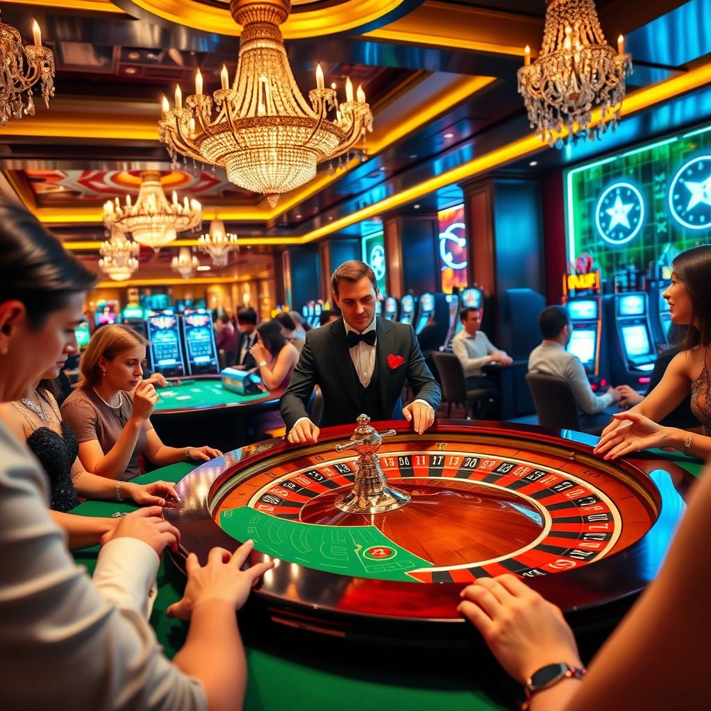 A visually captivating scene depicting an elegant roulette game in a lavish casino setting