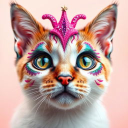 A whimsical and artistic reinterpretation of a cat's face adorned with vibrant and playful makeup, featuring colorful eyeshadow, glimmering glitter, and artistic patterns resembling a fantastical creature