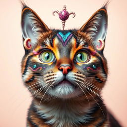 A whimsical and artistic reinterpretation of a cat's face adorned with vibrant and playful makeup, featuring colorful eyeshadow, glimmering glitter, and artistic patterns resembling a fantastical creature