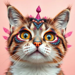 A whimsical and artistic reinterpretation of a cat's face adorned with vibrant and playful makeup, featuring colorful eyeshadow, glimmering glitter, and artistic patterns resembling a fantastical creature