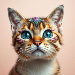 A whimsical and artistic reinterpretation of a cat's face adorned with vibrant and playful makeup, featuring colorful eyeshadow, glimmering glitter, and artistic patterns resembling a fantastical creature