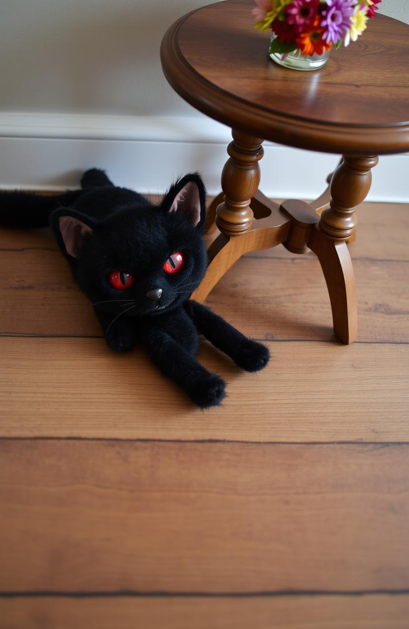 A black cat doll with red eyes lying on the floor next to a wooden table