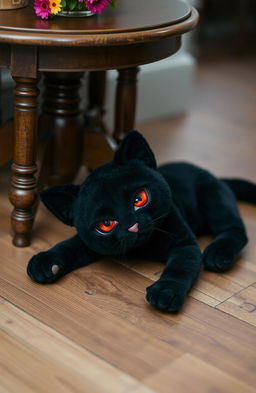A black cat doll with red eyes lying on the floor next to a wooden table
