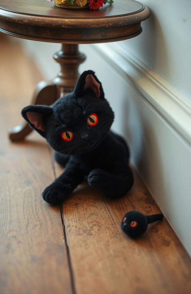 A black cat doll with red eyes lying on the floor next to a wooden table