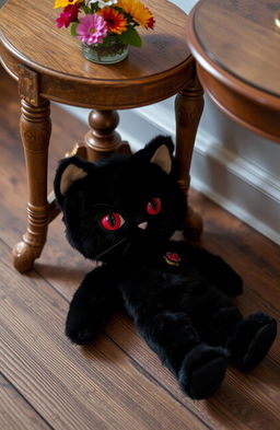 A black cat doll with red eyes lying on the floor next to a wooden table