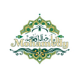 A logo design for 'Mosque Mohamedy', featuring elegant Islamic geometric patterns, traditional Arabic calligraphy spelling out 'Mosque Mohamedy', and elements symbolizing peace and spirituality