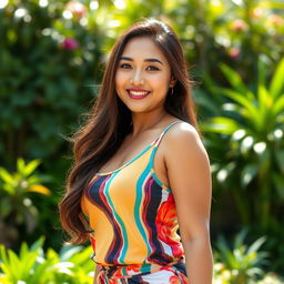 A beautiful BBW Asian woman wearing a stylish tank top that highlights her curves