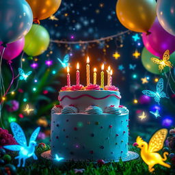 A magical birthday celebration scene featuring a beautifully decorated cake with colorful frosting and sparkling candles