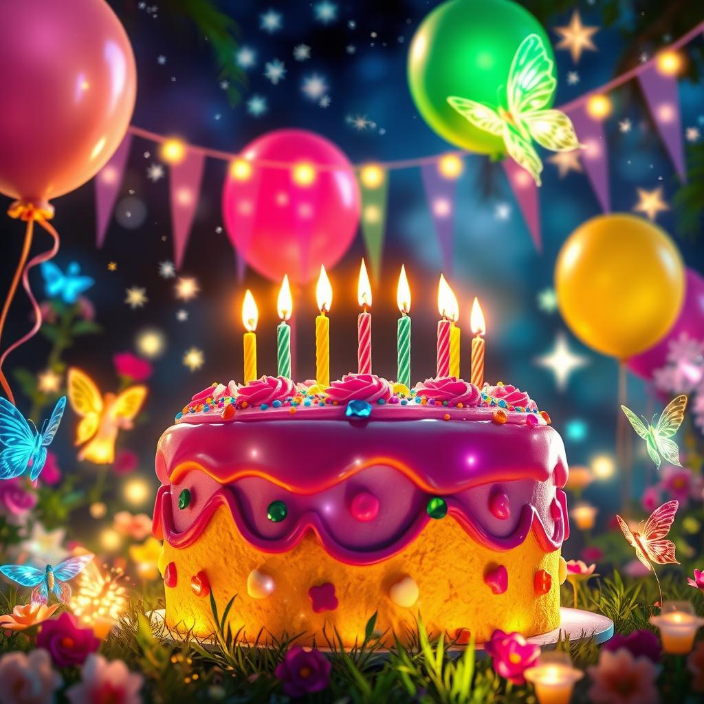 A magical birthday celebration scene featuring a beautifully decorated cake with colorful frosting and sparkling candles