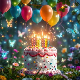 A magical birthday celebration scene featuring a beautifully decorated cake with colorful frosting and sparkling candles
