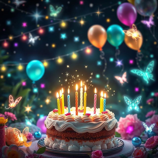 A magical birthday celebration scene featuring a beautifully decorated cake with colorful frosting and sparkling candles