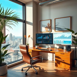 A highly detailed professional workspace featuring a sleek wooden desk with a high-end computer and multiple monitors displaying beautifully arranged data charts, and graphs