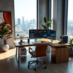 A highly detailed professional workspace featuring a sleek wooden desk with a high-end computer and multiple monitors displaying beautifully arranged data charts, and graphs