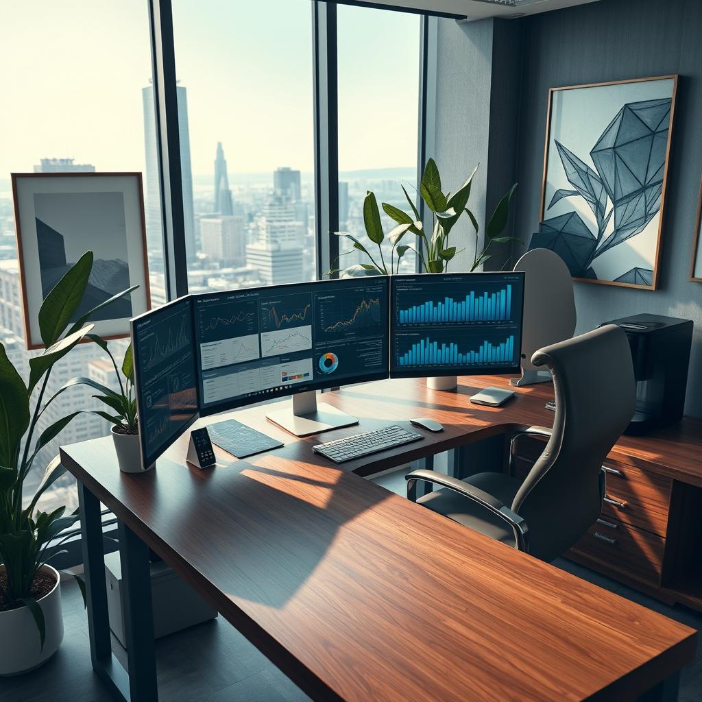A highly detailed professional workspace featuring a sleek wooden desk with a high-end computer and multiple monitors displaying beautifully arranged data charts, and graphs