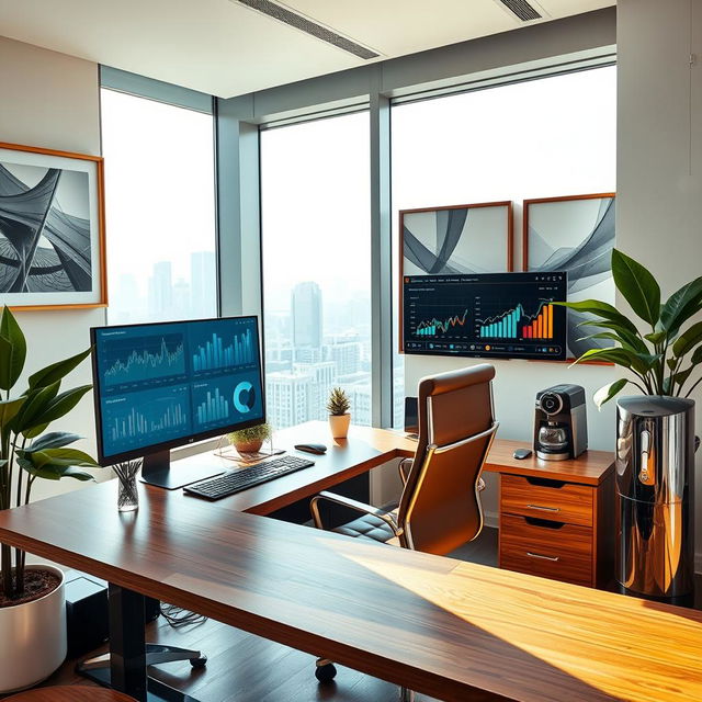 A highly detailed professional workspace featuring a sleek wooden desk with a high-end computer and multiple monitors displaying beautifully arranged data charts, and graphs