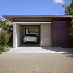 A home with a newly added car parking area, complete with a tidy driveway and a covered parking space for a car.