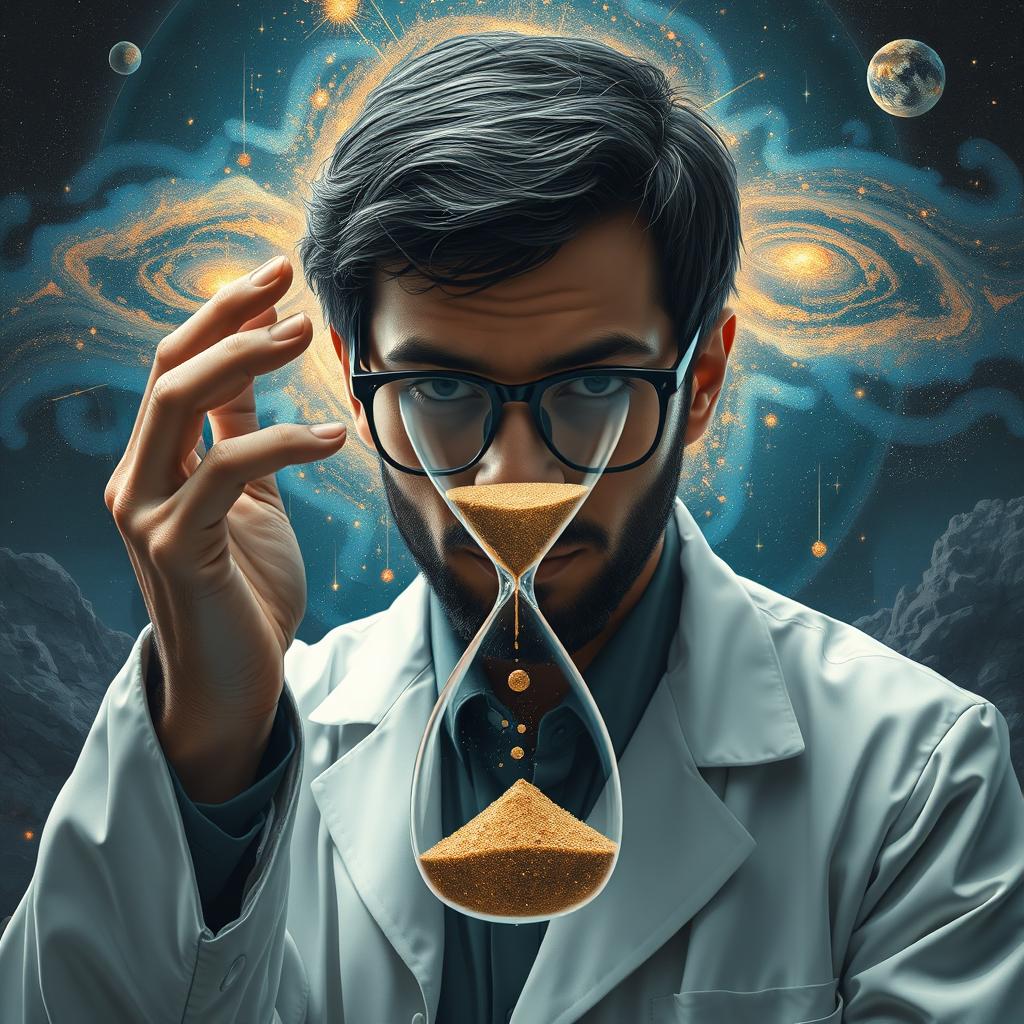 An introspective scientist contemplating the unknown, with a backdrop symbolizing the cosmos and mysteries of the universe