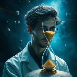 An introspective scientist contemplating the unknown, with a backdrop symbolizing the cosmos and mysteries of the universe