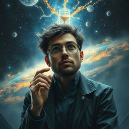 An introspective scientist contemplating the unknown, with a backdrop symbolizing the cosmos and mysteries of the universe