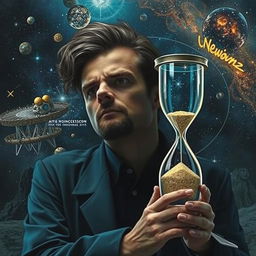 An introspective scientist contemplating the unknown, with a backdrop symbolizing the cosmos and mysteries of the universe