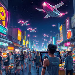 A futuristic urban landscape at night, with neon lights illuminating the streets
