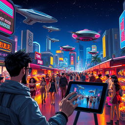 A futuristic urban landscape at night, with neon lights illuminating the streets
