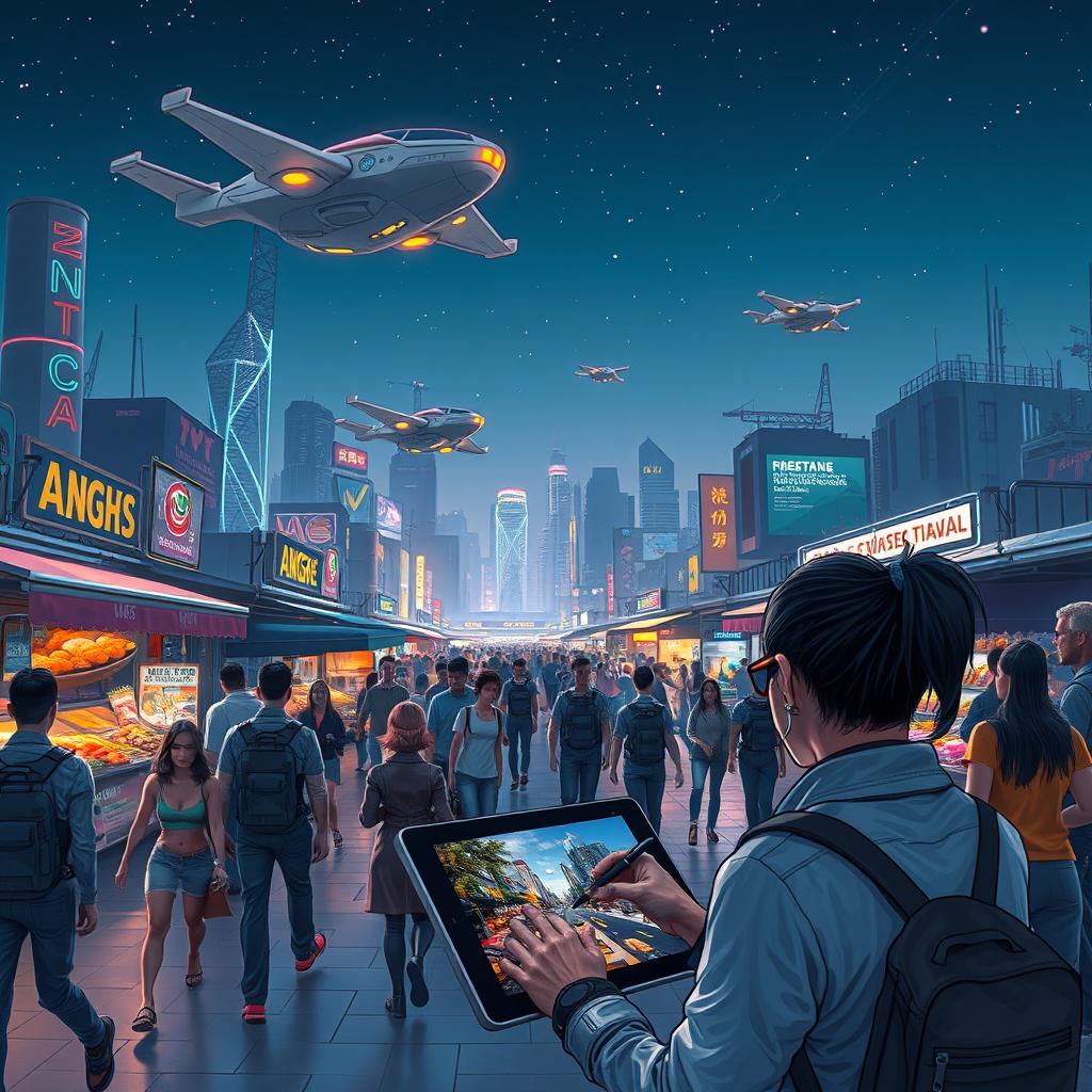 A futuristic urban landscape at night, with neon lights illuminating the streets