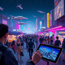A futuristic urban landscape at night, with neon lights illuminating the streets