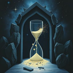 A gateway to the unknown, featuring an hourglass with flowing sand, symbolizing fragments of consciousness
