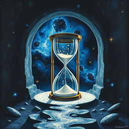 A gateway to the unknown, featuring an hourglass with flowing sand, symbolizing fragments of consciousness