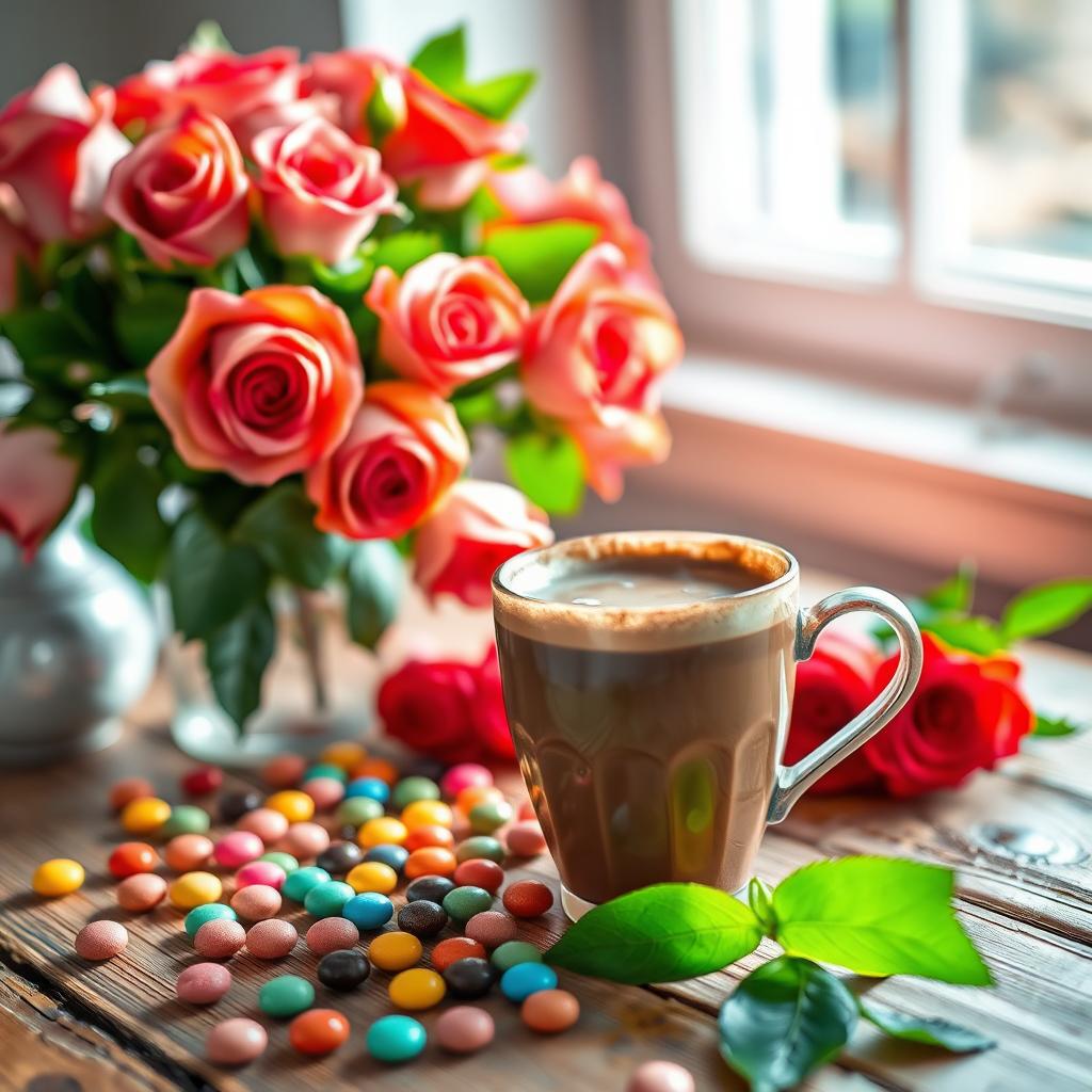 A beautiful mocha coffee cup on a rustic wooden table, surrounded by assorted colorful sweets and candies