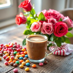 A beautiful mocha coffee cup on a rustic wooden table, surrounded by assorted colorful sweets and candies